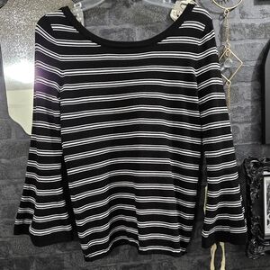 White House Black Market Black and White Striped Long Sleeve Top